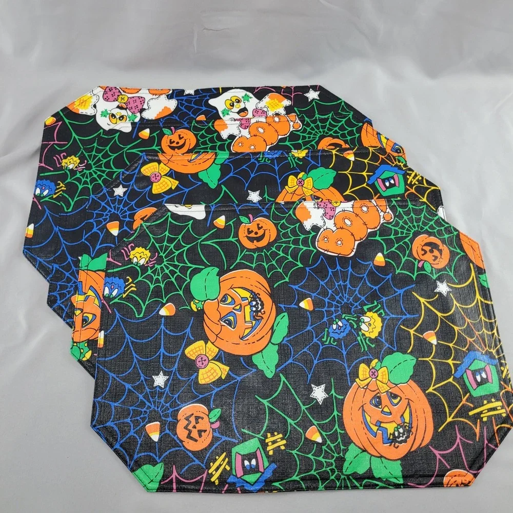 4 Halloween Vinyl Placemat Black Jack o Lantern Pumpkin Ghost Spider Web Vtg